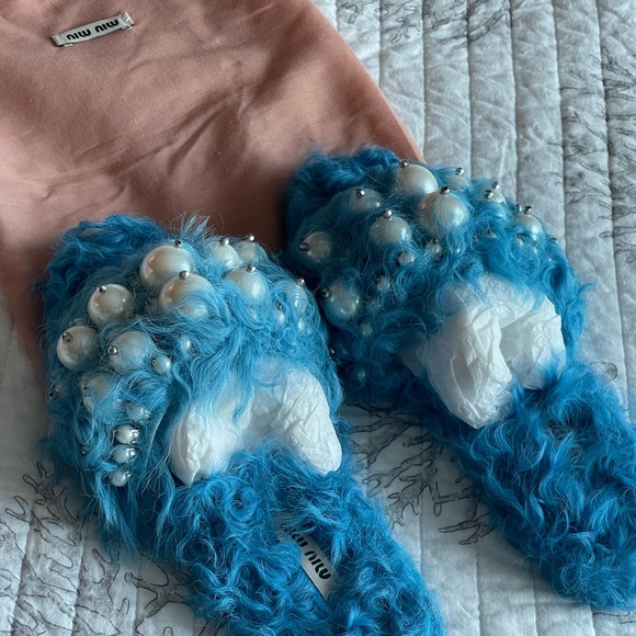 Miu Miu Blue Furry Pearl Embellished Slippers - Picture 3 of 7